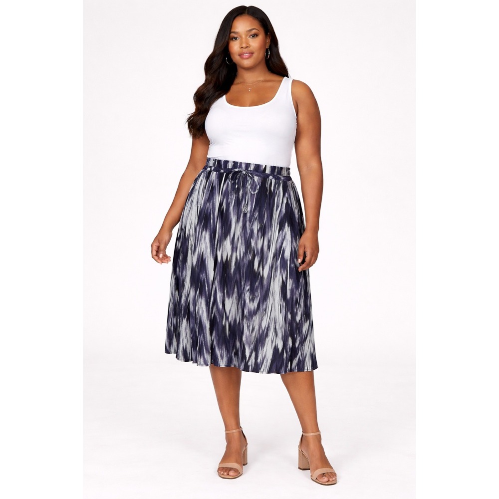 Kelly‎ Renee XL Blue Black Ikat Abstract Midi Skirt Elastic Waist Drawstring Tie